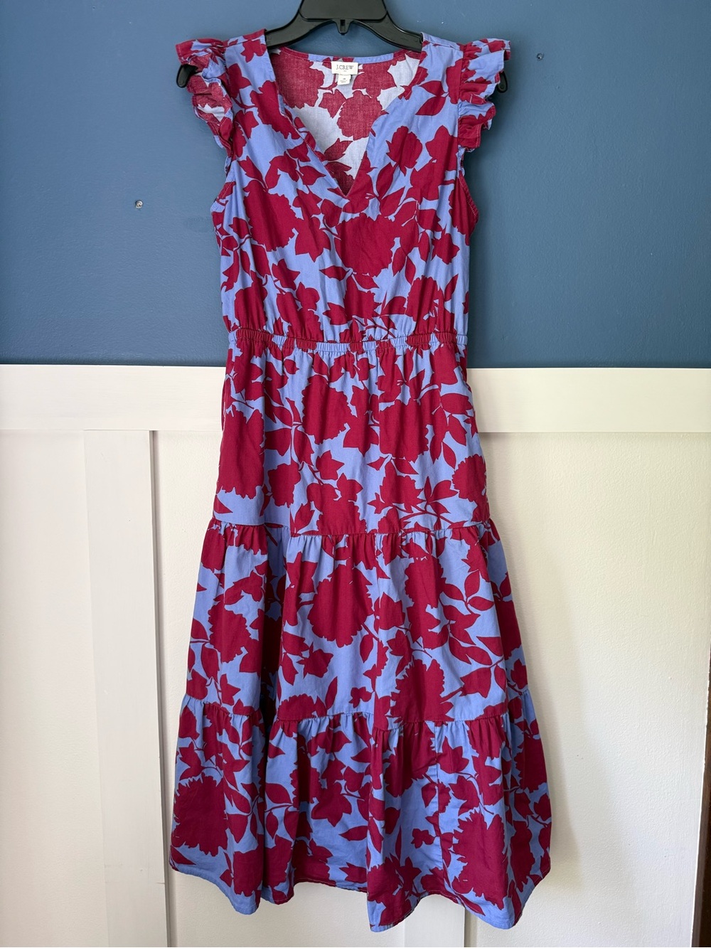 J Crew Floral Tiered V-Neck Midi Dress in Maroon/Red and Blue/Lavender